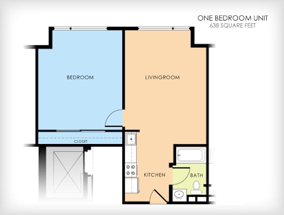 A floor plan of a one bedroom unit with a living room, kitchen, and bath.