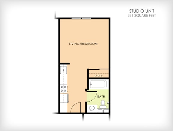 A floor plan of a 331 square feet studio unit with a living/bedroom, bath, and closet.