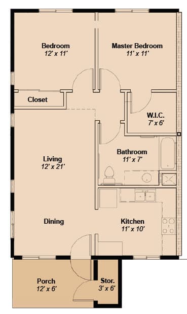 A floor plan of a house with a porch, two bedrooms, a master bedroom, a closet, a bathroom, a dining area, a kitchen, and a storage space.