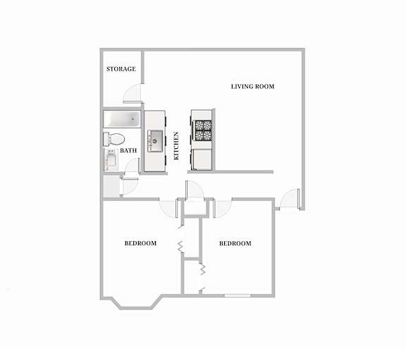 A floor plan of a small apartment with two bedrooms, a living room, kitchen, and bathroom.
