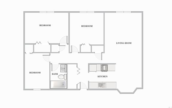 A floor plan of a house with three bedrooms, a living room, a kitchen, and a bathroom.