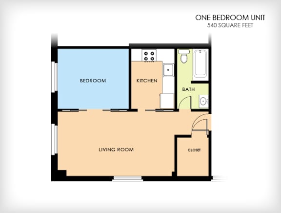 A floor plan of a one bedroom unit that is 540 square feet.
