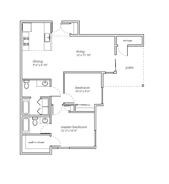 A floor plan of a small apartment with a bedroom, living room, and a dining area.