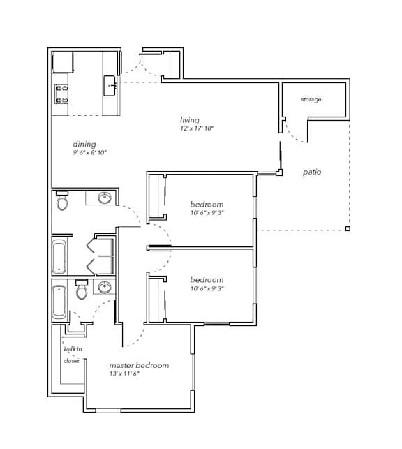 A floor plan of a house with a living room, dining room, three bedrooms, and a storage area.