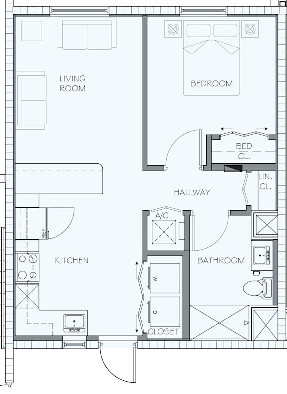 A floor plan of a house with a living room, kitchen, bathroom, and bedroom.