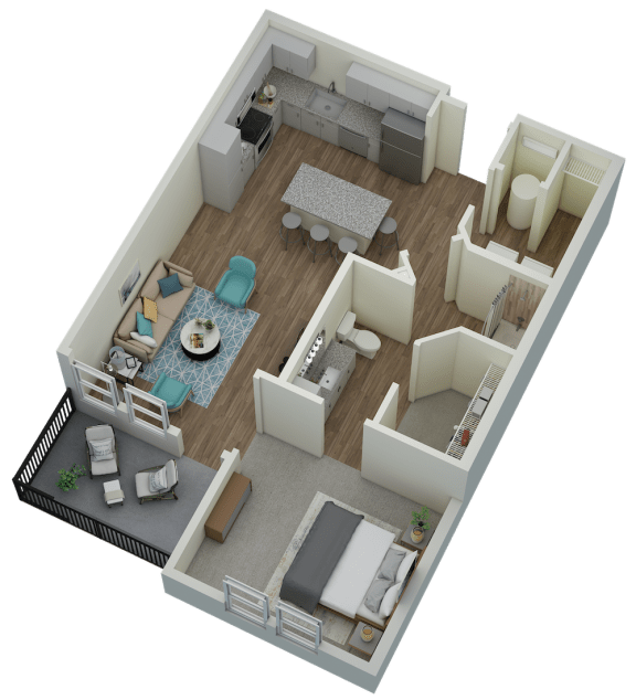 Unit A2 Balcony 1-bedroom, 1-bath 803 sqft 3D floor plan at Canopy Park Apartments, Pelham Alabama