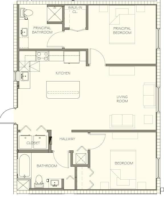 A floor plan of a house with a living room, two bedrooms, a kitchen, a bathroom, and a hallway.