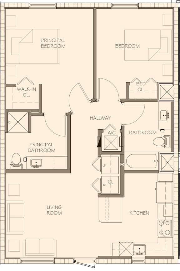 A floor plan of a house with a living room, two bedrooms, a kitchen, a hallway, and two bathrooms.