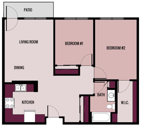 a two-bedroom, one-bathroom 955 square foot apartment floor plan at Algonquin Manor