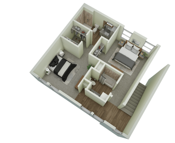 Unit B4 Sycamore 2-bedroom, 2-bath 1,273 sqft 3D upper level floor plan at Canopy Park Apartments, Pelham