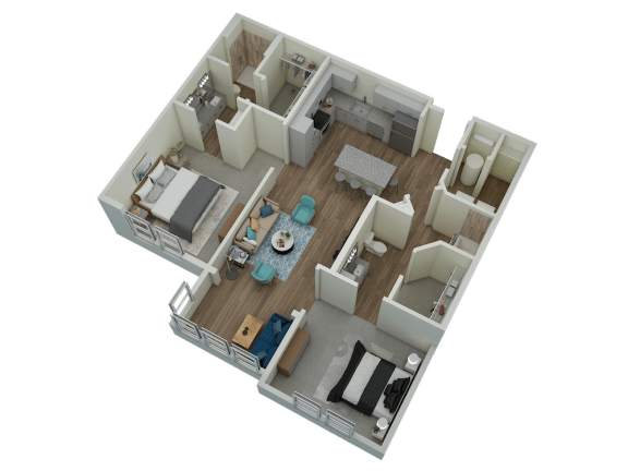 Floor Plan  Unit B2 Solarium 2-bedroom, 2-bath 1,223 sqft 3D floor plan at Canopy Park Apartments, Pelham, AL 35124