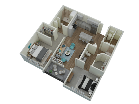 Unit B3 Balcony 2-bedroom, 2-bath 1,151 sqft 3D floor plan at Canopy Park Apartments, Pelham, AL