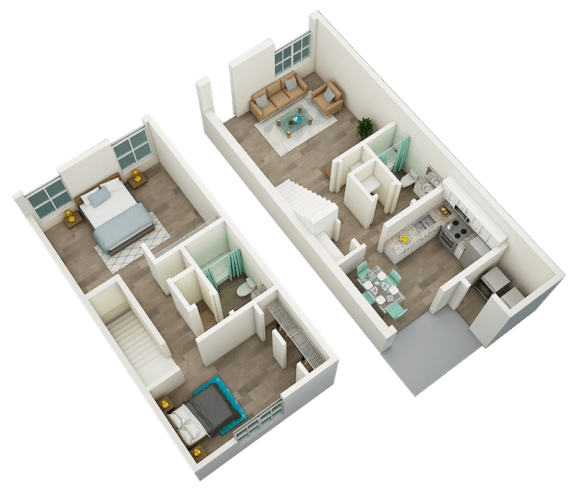Floor Plan  2 bedroom, 2 bathroom 1,051 townhome  at Huntsville Landing Apartments, Huntsville, AL, 35806