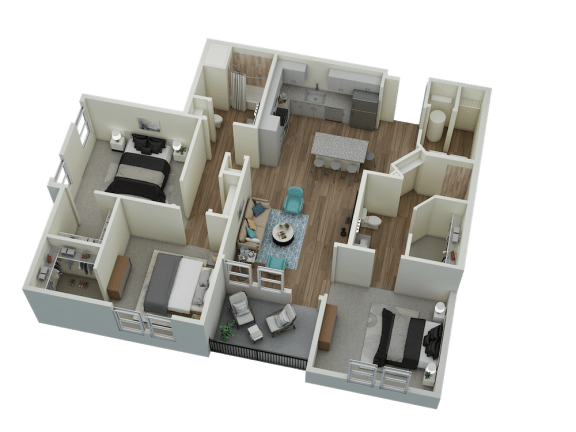 Unit C1 Balcony 3-bedroom, 2-bath 1,371 sqft 3D floor plan at Canopy Park Apartments, Alabama