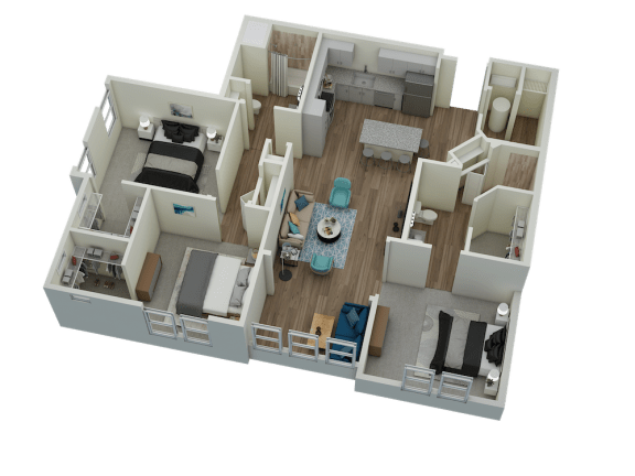 Unit C1 Solarium 3-bedroom, 2-bath 1,446 sqft 3D floor plan at Canopy Park Apartments, Alabama, 35124