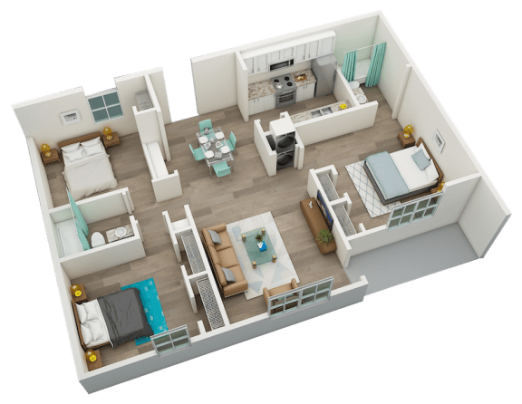 three-bedroom, two-bathroom 1,125 square foot floor plan a at Huntsville Landing Apartments, Alabama