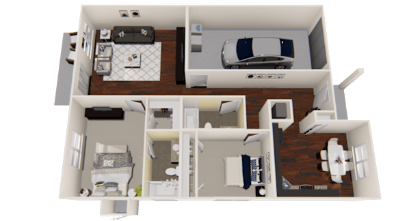 A 3D floor plan of a house with two bedrooms, a living room, a kitchen, and a garage.