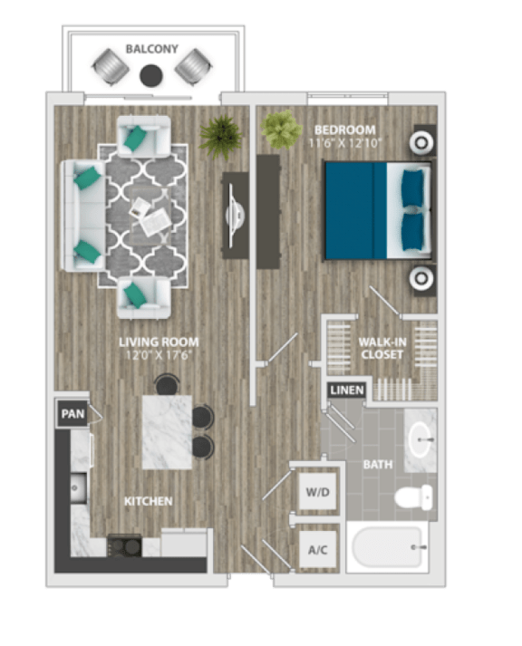 A floor plan of a balcony apartment with a living room, kitchen, bathroom, and bedroom.