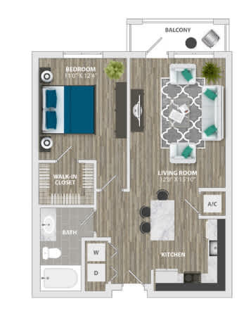 A floor plan of a small apartment with a bedroom, living room, kitchen, and bathroom.