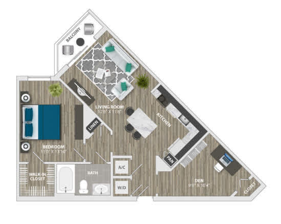 A floor plan of a home showing a living room, bedroom, bathroom, and kitchen.