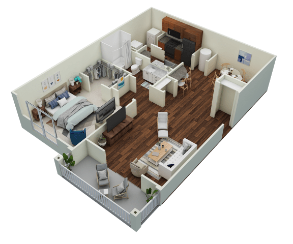 a 3d rendering of a bedroom and living room