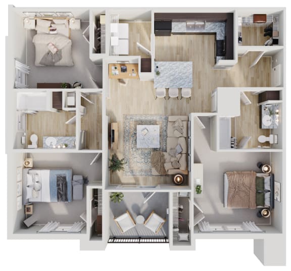 The three-bedroom, two-bathroom floor plan at Archer Green tax credit apartments in Augusta, GA