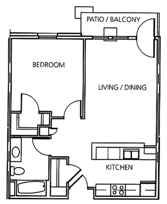 A One-bedroom, one-bath 674 square foot apartment floor plan