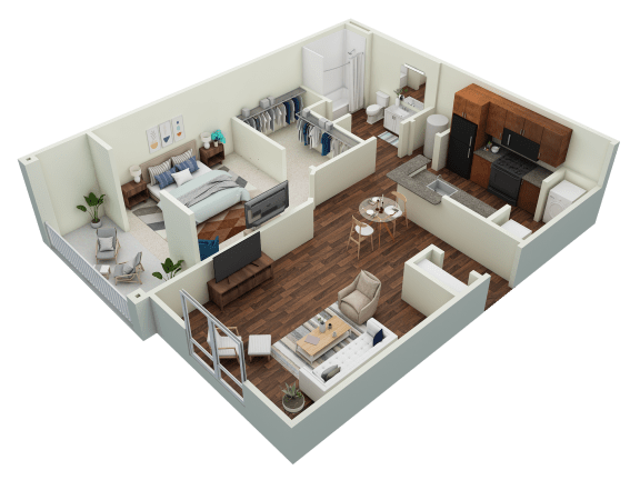 a 3d floor plan of a bedroom and living room