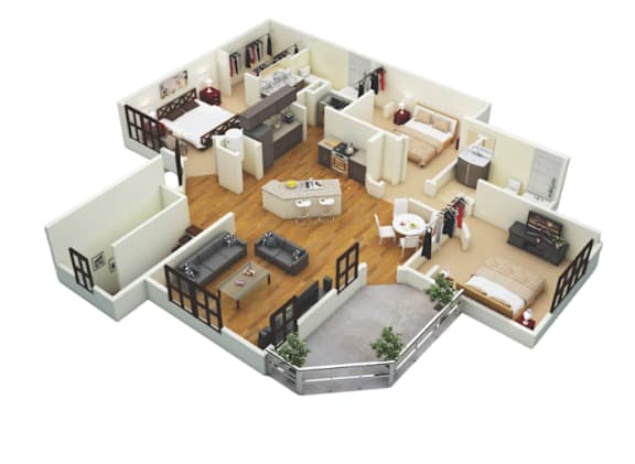 A 3D rendered image of a modern apartment layout.