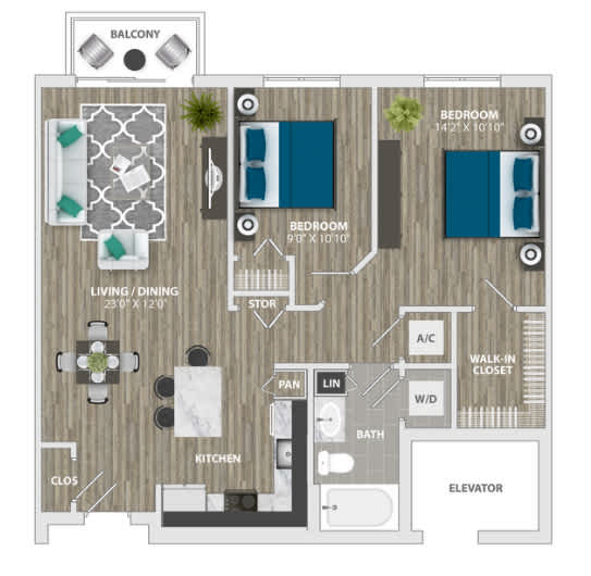 A floor plan of an apartment with a living room, dining room, kitchen, two bedrooms, a bathroom, and a balcony.
