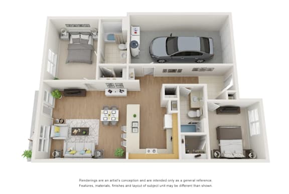 A 3D rendered image of a small apartment layout.