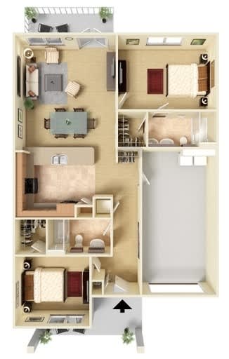 A detailed 3D floor plan of a small apartment.