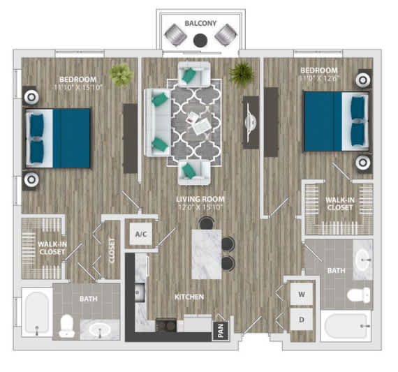 A floor plan of a house with a balcony, living room, kitchen, two bathrooms, and two bedrooms.