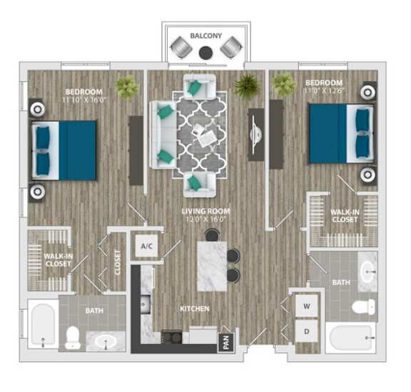A floor plan of a house with a balcony, two bedrooms, a living room, a kitchen, a bathroom, and a walk-in closet.