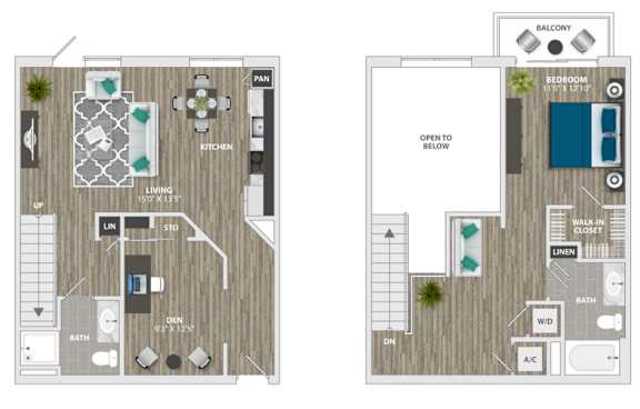A floor plan of a two-bedroom apartment with a living room, kitchen, and bathroom.