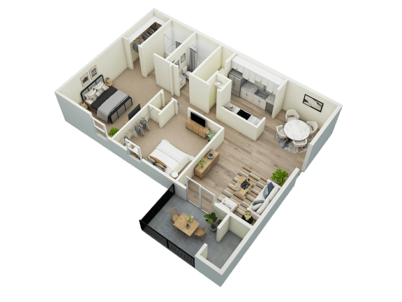 a 3d floor plan of a bedroom with a living room