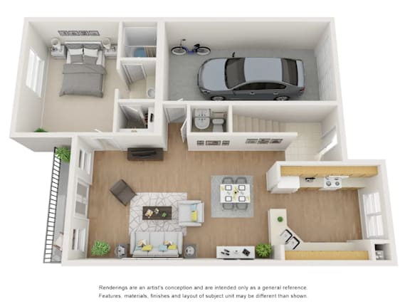 A 3D rendered image of a modern apartment layout.