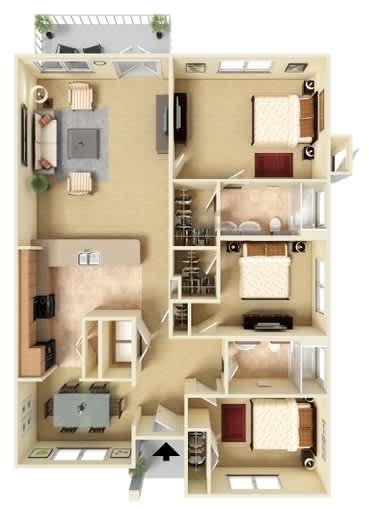 A detailed 3D floor plan of a two-bedroom apartment.