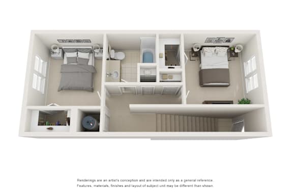 A white image of a small apartment with a bedroom, kitchen, and living room.