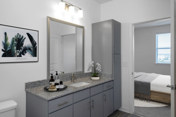 a bathroom with gray cabinets and a granite countertop at Canopy Park Apartments, Pelham
