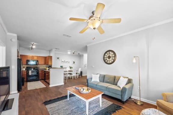 Model living room with ceiling fan at Centerville Manor Apartments, Virginia Beach, 23464