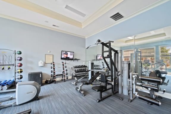 Fitness center with weight machines and free weights at Centerville Manor Apartments, Virginia, 23464