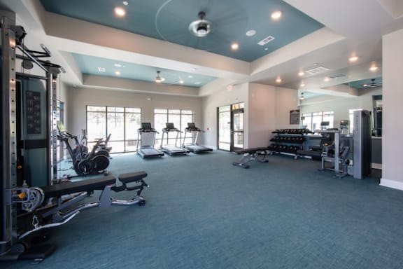 a large fitness room with exercise equipment and a blue ceiling at Canopy Park Apartments, Pelham, AL 35124