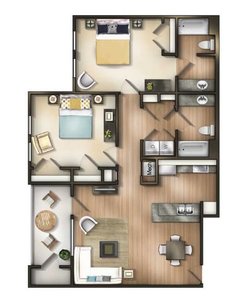 A detailed 3D floor plan of a house layout.
