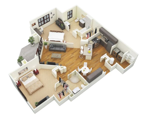 A top down view of a small apartment with a living room, kitchen, and bedroom.