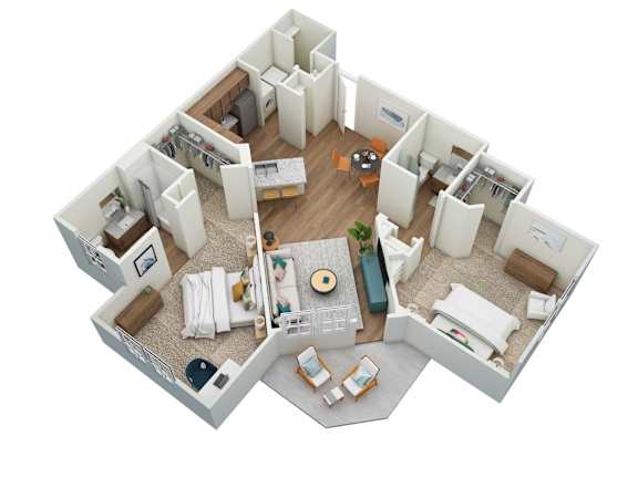 A 3D floor plan of a house with a kitchen, living room, and bedrooms.