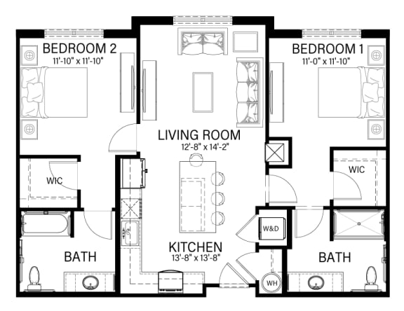 2-bed, 2-bath floor plan at Greenlawn Manor Apartments in New Smyrna Beach, FL