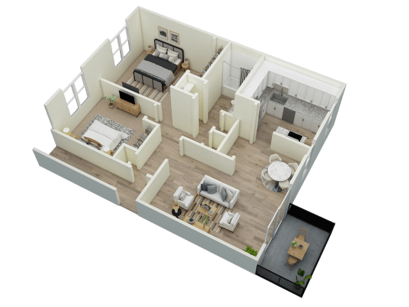 a 3d floor plan of a bedroom with a bed and a living room