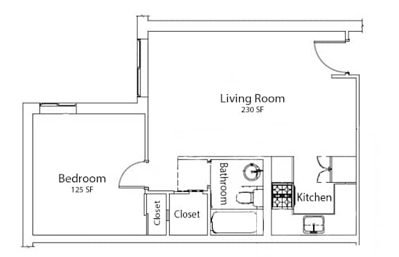 A floor plan of a small apartment with a bedroom, living room, kitchen, and bathroom.