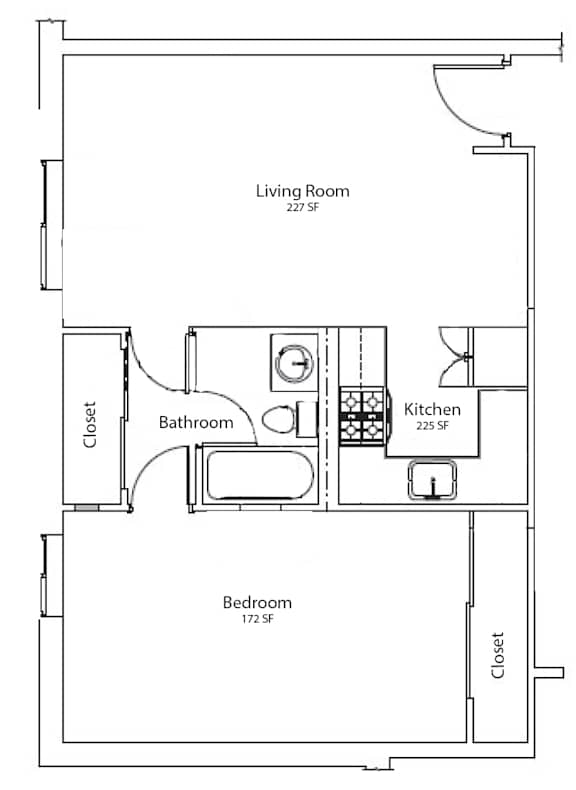A floor plan of a small apartment with a living room, kitchen, bathroom and bedroom.